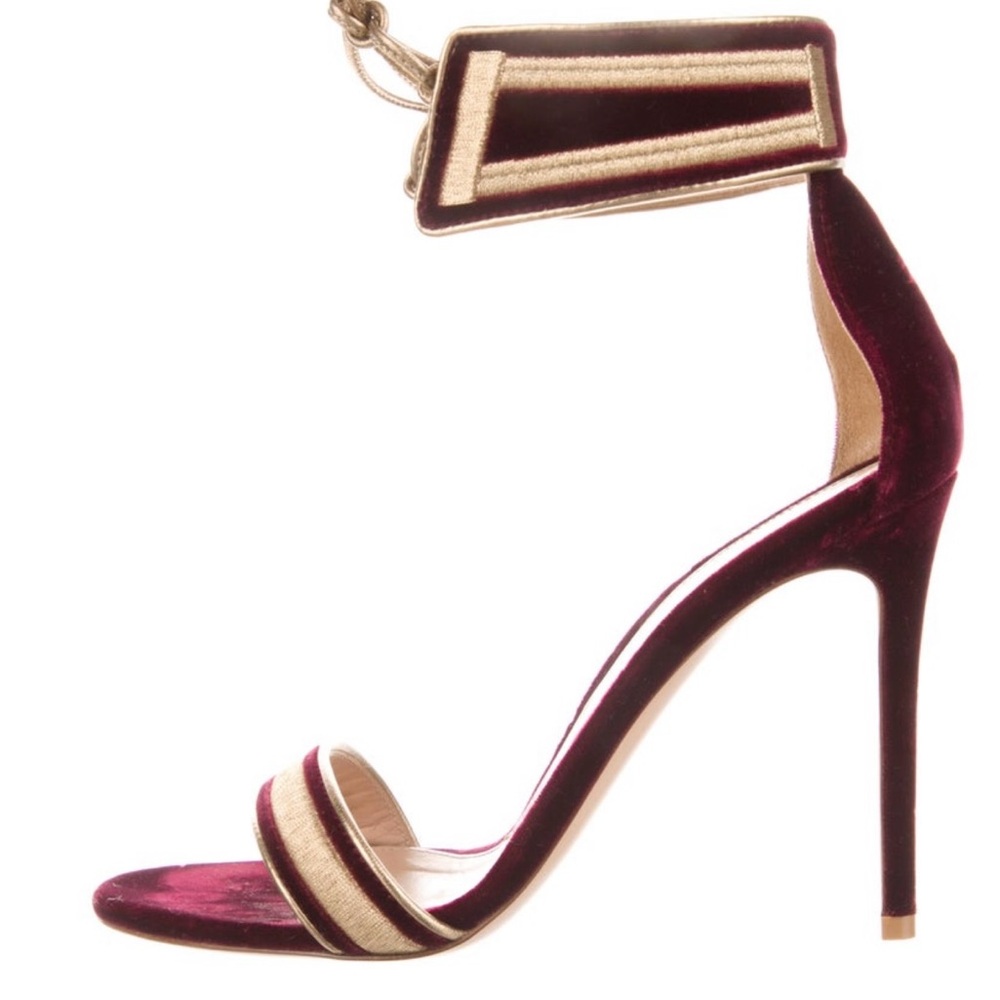 Gianvito Rossi Burgundy and Gold Velvet Heels